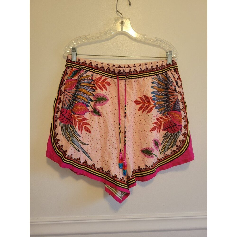 New sz Large Farm Rio pink linen blend macaw scarf drawstring shorts boho beaded